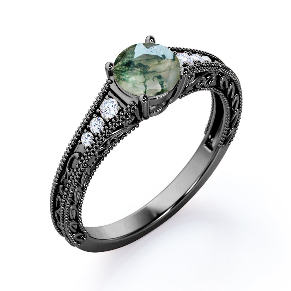 Estate-inspired 1 carat Round Moss Agate Art Decorative Anniversary Ring in White Gold - Mother's day, Birthday