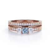 1.35 Carat Princess Cut Aquamarine And Diamond Antique Wedding Ring Set In White Gold