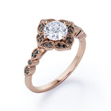 Milgrain Flower Cluster 1.5 TCW Round Brilliant Cut Moissanite with Lab Created Black Diamond Filigree Engagement Ring in White Gold