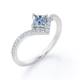 Chevron 1.25 Carat Princess Cut Aquamarine And Diamond Four Prong Pave Set Engagement Ring In White Gold