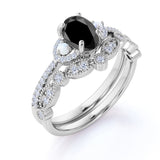 Exquisite Art Deco 1.75 Carat Oval cut Lab Black Diamond with Pearls Wedding Ring Set in Rose Gold