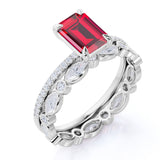 Stylish Eternity Four Claw 1.50 Carat Emerald Cut Lab Ruby and Diamond Wedding Ring Set in White Gold