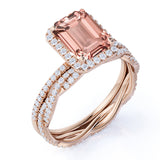Limited Time Sale: 2 Carat Art Deco emerald cut Morganite and Diamond Halo Wedding Ring Set