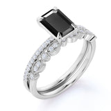 Affordable 1.50 Carat Emerald cut Lab Black Diamond Antique Wedding Ring Set in White Gold