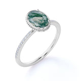 Classic Bezel Set 1.25 Carat Oval Cut Milky Finely Veined Moss Green Agate and Diamond Pave Engagement Ring in White Gold for Women