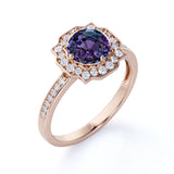 Antique Floral Bezel Set 1.50 Carat Round Cut Created Alexandrite and Diamond Channel Set Rings Engagement Ring