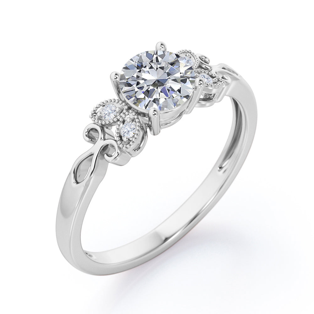 Tiny Butterfly 0.5 carat Round Moissanite and Diamond Vintage Engagement Ring in Rose Gold