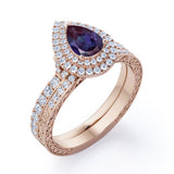 Vintage 1.65 Carat Pear Cut Lab Created Alexandrite Art Deco Wedding Ring Set In White Gold