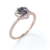 Hexagon Halo 1.50 ct Round Black Rutilated Quartz Engagement Ring