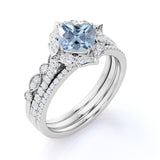 Art Deco 2 ct Cushion Aquamarine Trio Bridal Ring Set