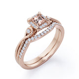 Cushion Halo Prong - 0.85 TCW Princess Cut Morganite and Moissanite - Infinity Split Shank Wedding Ring Set -  White Gold