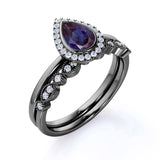 Classic 1.50 Carat Pear Shape Lab Created Alexandrite and Diamond Halo Art Deco Bridal Set Rings