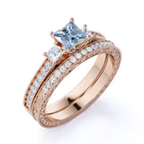 Three Stone 1.50 ct Princess Aquamarine Pave Wedding Set