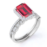 Pave Set 2 Carat Emerald Cut Lab Ruby and Diamond Wedding Set with Art Deco Band in White Gold