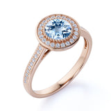 1.25 Carat Round cut Aquamarine and Diamond Halo Engagement Ring in Rose Gold