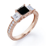 Past, Present and Future 1.25 Carat Princess Cut lab created Black Diamond Vintage Milgrain Engagement Ring In White Gold