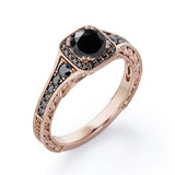 Double Prong Cluster - 1.4 TCW Round Lab Created Black Diamond - Filigree Pave Channel Engagement Ring in White Gold