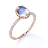 Simple Art Deco 1.25 Carat Oval Cut Rainbow Moonstone Ring with Authentic Diamond in Rose Gold