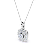 Classic Prong Set 1.50 Carat Round Certified Moissanite and Diamond Double Halo Stud Pendant Necklace in Yellow Gold