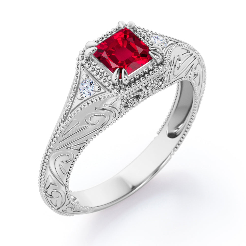 Vintage Milgrain 1.10 Carat Princess Cut Lab Ruby And Diamond Sharp Eight Claws Art Deco Engagement Ring In Rose Gold