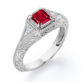 Vintage Milgrain 1.10 Carat Princess Cut Lab Ruby And Diamond Sharp Eight Claws Art Deco Engagement Ring In Rose Gold