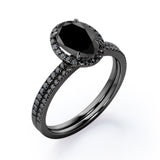 1.7 ct Ovate Lab Black Diamond Halo Wedding Ring Set