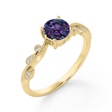 Simple Solitaire 1.25 Carat Round Cut Simulated Purple Alexandrite and Diamond Milgrain Art Deco in White Gold for Her