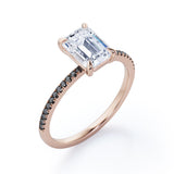 Four Prong - 1.25 TCW Emerald Cut Moissanite with Lab Created Black Diamond - Engagement Ring with Pave Accents in White Gold