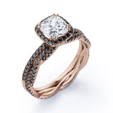 Eternity Crossover - 1.75 TCW Cushion Cut Moissanite with Lab Created Black Diamond - Halo Pave Setting Wedding Set in White Gold