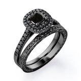 Filigree Scalloped Pave 1.65 TCW Princess Cut Lab Created Black Diamond Double Halo Style Wedding Ring Set in White Gold