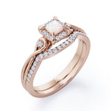 Cushion Halo Prong - 0.85 TCW Princess Cut Opal and Moissanite - Infinity Split Shank Wedding Ring Set -  White Gold