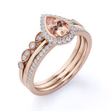 Art Deco 1.75 Carat Pear Shape Peach Morganite and Diamond Trio Wedding Ring Set in Rose Gold