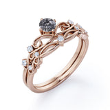 Dainty Filigree 0.65 Carat Round Cut Druzy Black Rutilated Quartz and Diamond Contour Solitaire Wedding Set Rings