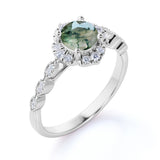 Vintage Floral 1.5 Ct Round Green Moss Agate Engagement Ring