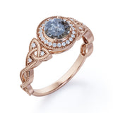 Milgrain Halo 0.70 Carat Translucent Salt and Pepper Diamond Twisted Infinity Engagement Ring In White Gold