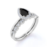 Antique Vintage 1.50 Carat Pear cut Artdeco Halo Bridal Wedding Ring Set with Lab Black Diamond for Her in White Gold