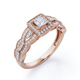 Triple Curved Pave Band - 0.5 TCW Princess Cut Diamond - Milgrain Halo-Channel Engagement Ring - 10K Black Gold