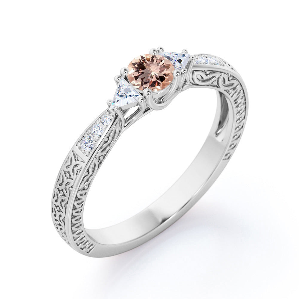 Nature Pinched Shank 0.6 carat Round Morganite and Moissanite Vintage Engagement Ring in Rose Gold