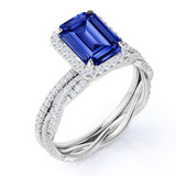Timeless Halo Set 2.25 Carat Emerald Cut Sapphire and Diamond Micro Pave Bridal Ring Set with Infinity Band in White Gold