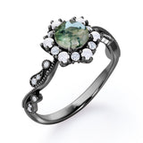 Floral Halo 0.7 carat Round Moss Green Agate and Diamond Engagement Ring in White Gold