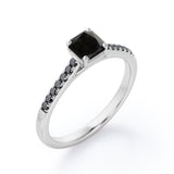 Four Prong Set - 1.25 TCW Princess Cut Lab Created Black Diamond - Scalloped Pave Engagement Ring in White Gold