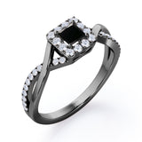 1.25 Carat Princess Cut Black Diamond - Half Crossover Pave - Halo Engagement Ring in White Gold