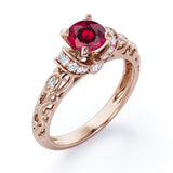 Unique Four Prong 1.15 Carat Round Cut Lab-Created Ruby And Diamond Art Deco Engagement Ring In White Gold