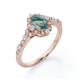 Unique Floral Design 1.50 Carat Oval Cut Dendritic Milky White Moss Green Agate and Diamond Art Deco Engagement Ring in Rose Gold