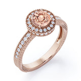 Decorative Halo 1 carat Round Morganite and Diamond Milgrain Engagement Ring in White Gold