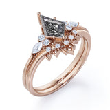 Vintage 1.40 ct Kite Black Rutilated Quartz Filigree Crown Bridal Set