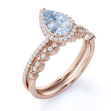 Halo 1.75 ct Pear Aquamarine Art Deco Wedding Ring Set