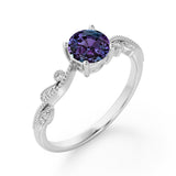 Simple Solitaire 1.25 Carat Round Cut Simulated Purple Alexandrite and Diamond Milgrain Art Deco in White Gold for Her