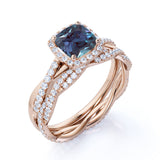 Eternity 2 Carat Cushion Cut Lab Alexandrite and Diamond Infinity Halo Bridal Set Rings for Her