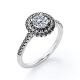 Double Halo Cluster - 1.5 TCW Round Shape Moissanite with Lab Created Black Diamond - Pave Accented Engagement Ring in Rose Gold